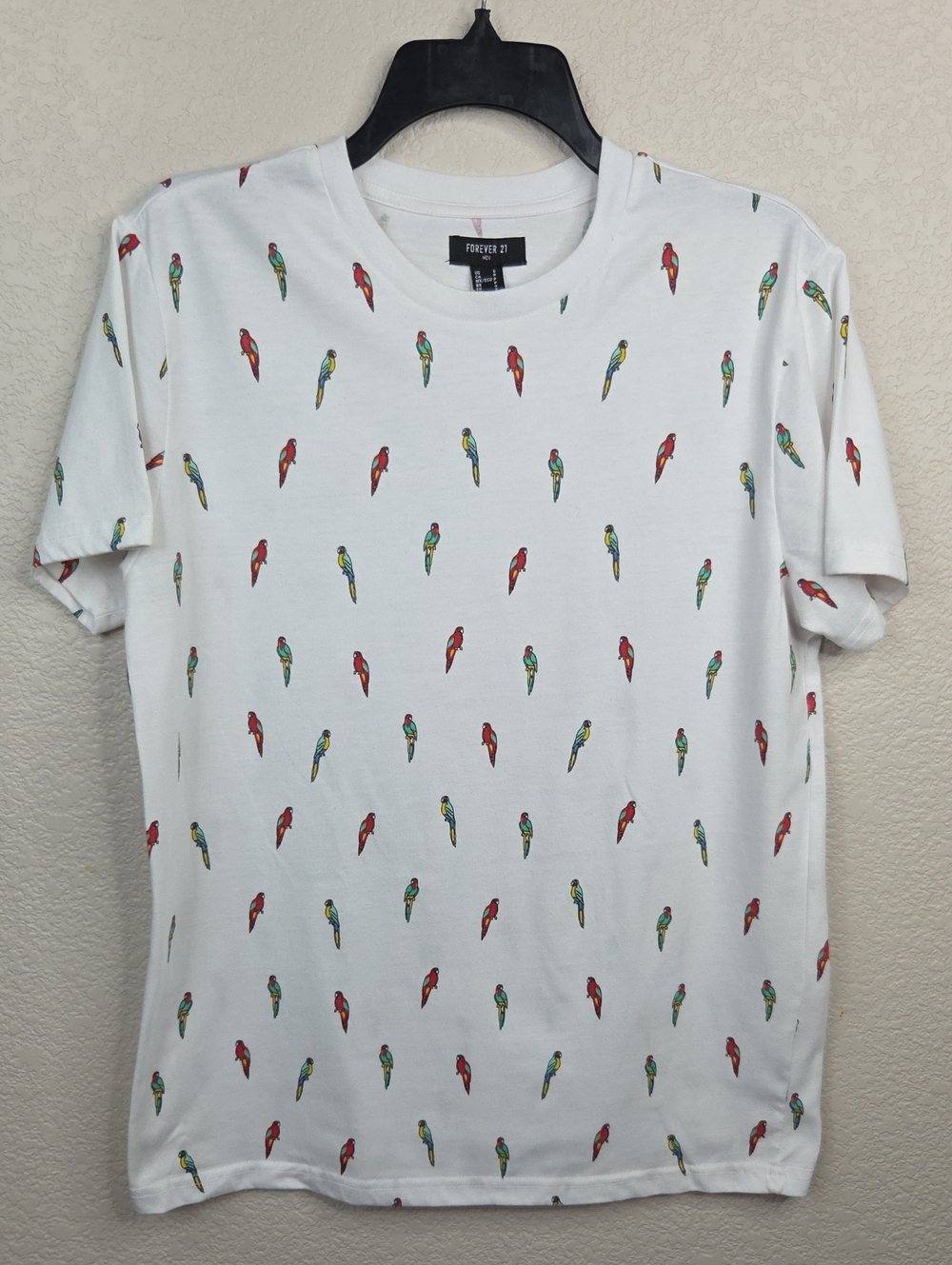 Forever 21 White Short Sleeve Tee with Multicolor Parrot Print